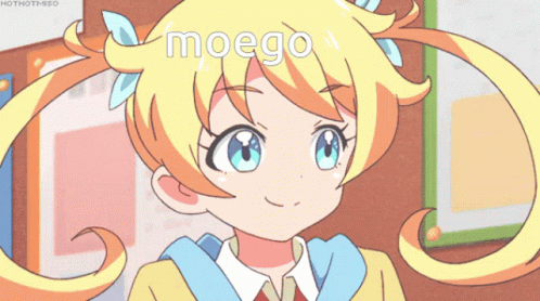 A Picture Of A Girl With The Word Moego On Her Head GIF