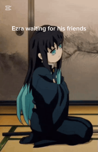 A Picture Of A Girl With The Words Ezra Waiting For His Friends On It GIF
