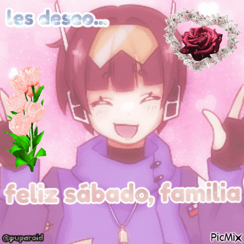 A Picture Of A Girl With The Words Feliz Sabado Familia On The Bottom GIF