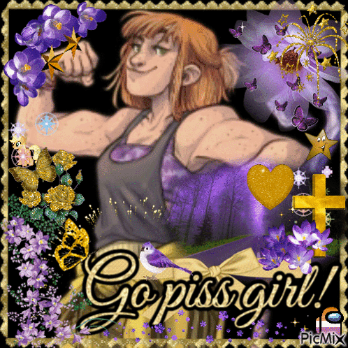A Picture Of A Girl With The Words Go Piss Girl GIF