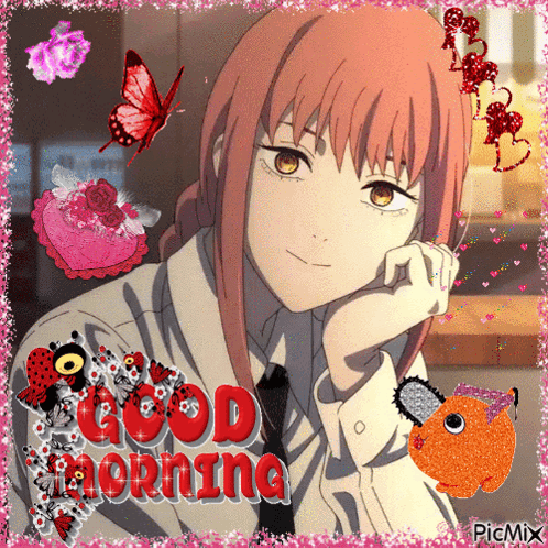 A Picture Of A Girl With The Words Good Morning Written In Red GIF