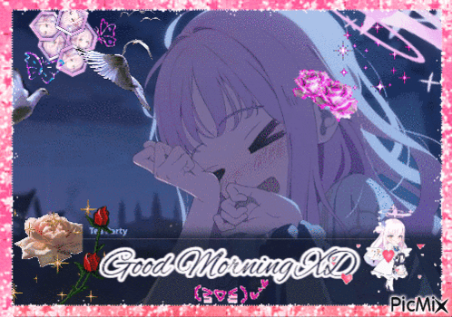 A Picture Of A Girl With The Words " Good Morning Xd " On It GIF