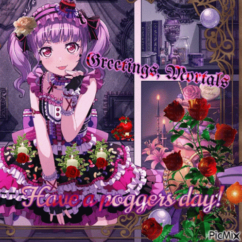 A Picture Of A Girl With The Words Greetings Mortals And Have A Poggers Day On It GIF