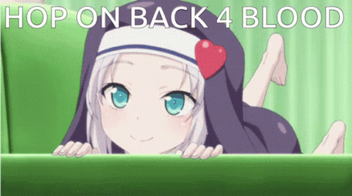 A Picture Of A Girl With The Words Hop On Back 4 Blood On The Bottom GIF