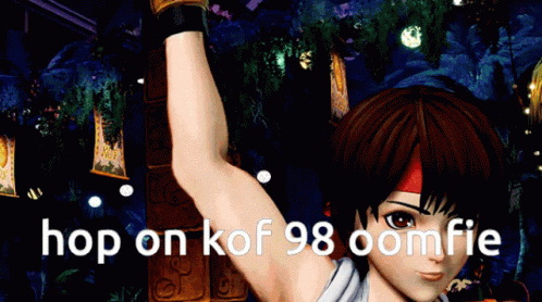 A Picture Of A Girl With The Words Hop On Kof 98 Oomfie On The Bottom GIF