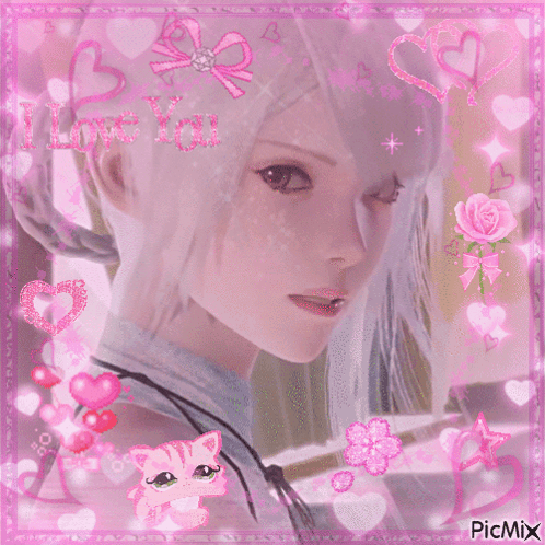 A Picture Of A Girl With The Words " I Love You " Surrounded By Pink Hearts And Flowers GIF