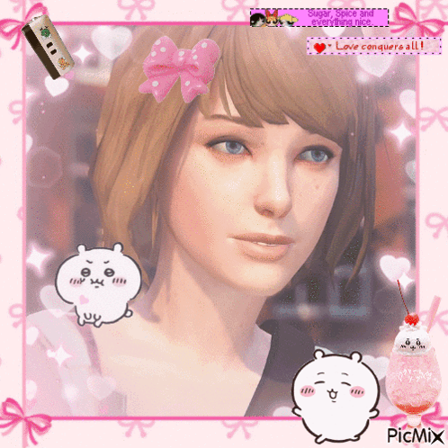 A Picture Of A Girl With The Words Love Conquers All Written On It GIF