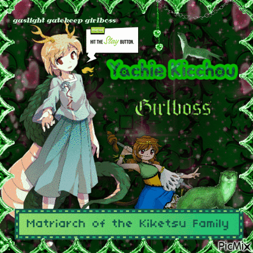 A Picture Of A Girl With The Words Matriarch Of The Kiketsu Family GIF