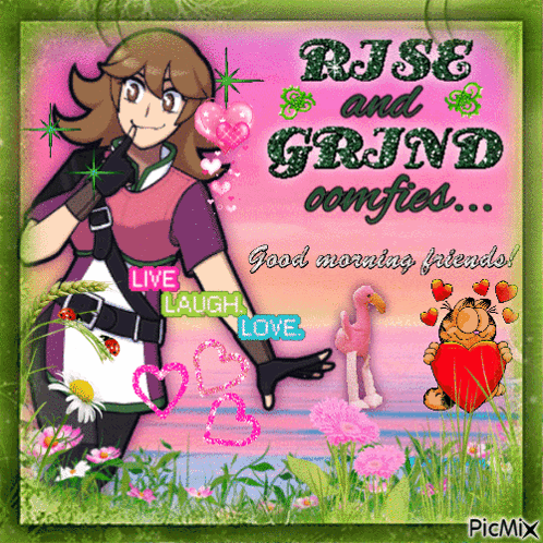 A Picture Of A Girl With The Words Rise And Grind Compiled On It GIF