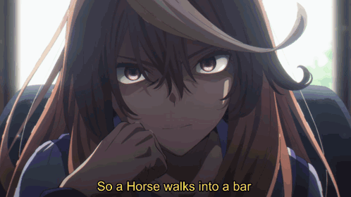 A Picture Of A Girl With The Words So A Horse Walks Into A Bar Above Her GIF