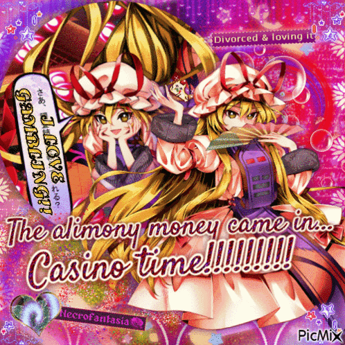 A Picture Of A Girl With The Words " The Alimony Money Came In Casino Time !!! " GIF
