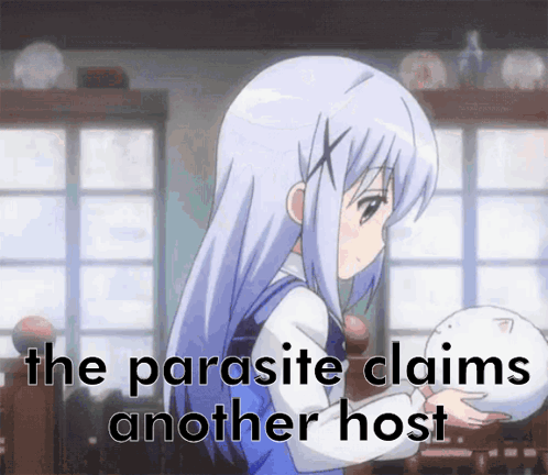 A Picture Of A Girl With The Words " The Parasite Claims Another Host " On The Bottom GIF