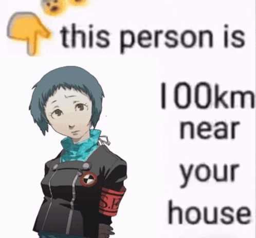 A Picture Of A Girl With The Words " This Person 41 Km Near You " Behind Her GIF