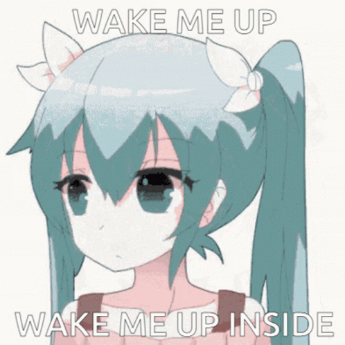 a picture of a girl with the words wake me up wake me up inside written on it