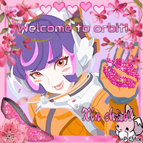 A Picture Of A Girl With The Words Welcome To Orbit Written Above Her GIF