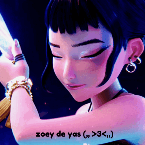 A Picture Of A Girl With The Words Zoey De Yas On The Bottom GIF