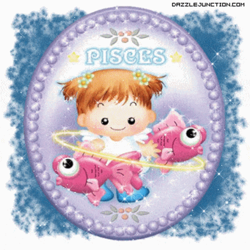 A Picture Of A Girl With Two Fish And The Word Pisces On It GIF