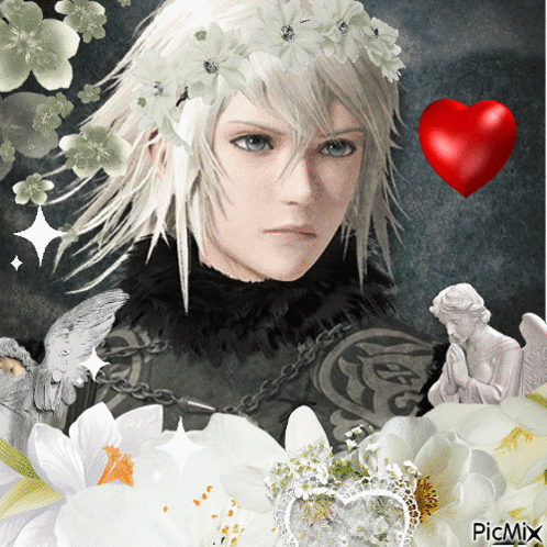 A Picture Of A Girl With White Flowers On Her Head And A Red Heart With Picmix Written On The Bottom GIF