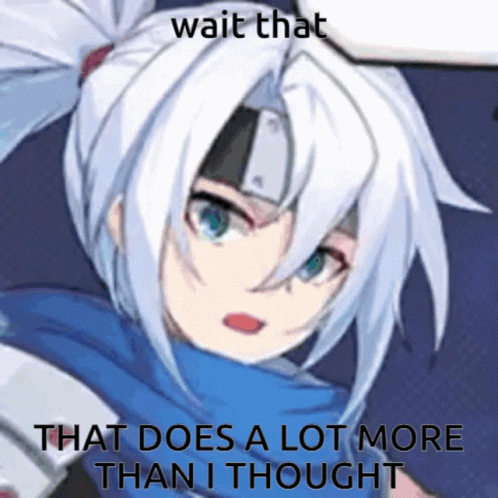 A Picture Of A Girl With White Hair And Blue Eyes With A Caption That Says Wait That That Does A Lot More Than GIF