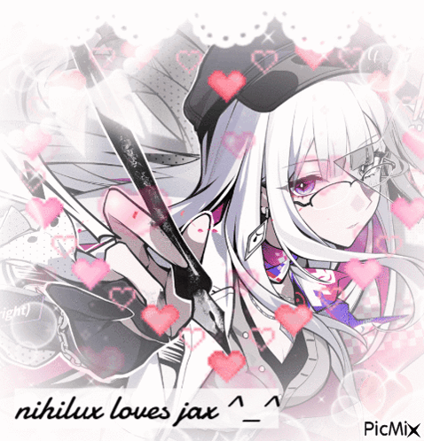 A Picture Of A Girl With White Hair And Purple Eyes Is Surrounded By Pink Hearts GIF