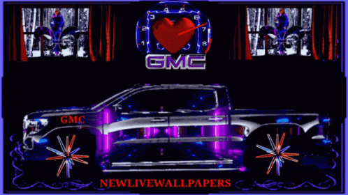 A Picture Of A Gmc Truck With A Heart And A Clock GIF