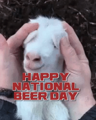 A Picture Of A Goat With The Words Happy National Beer Day Written Above It GIF