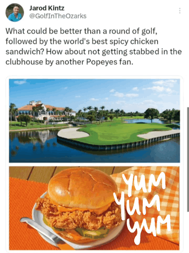 A Picture Of A Golf Course And A Chicken Sandwich GIF