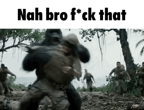 A Picture Of A Gorilla Fighting A Man With The Caption " Nah Bro F*ck That " GIF
