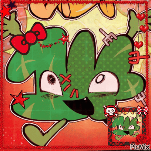 A Picture Of A Green Cartoon Character With A Red Bow And A Skull On It GIF