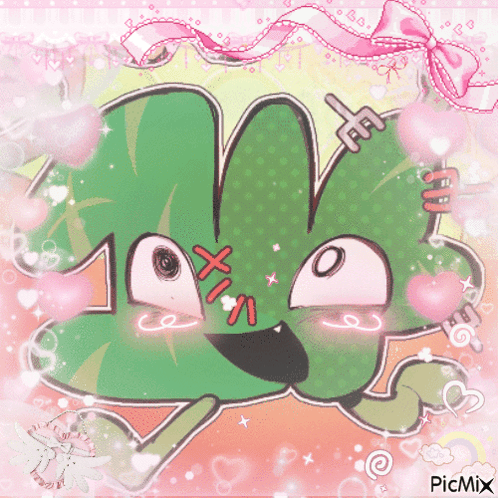 A Picture Of A Green Cartoon Character With Hearts And A Pink Bow Says Picmix On The Bottom GIF