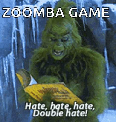 A Picture Of A Grinch Reading A Book With The Words Zoomba Game Above Him GIF