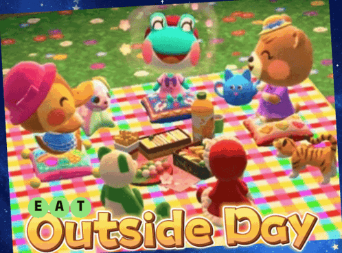 a picture of a group of animals having a picnic with the words eat outside day below them
