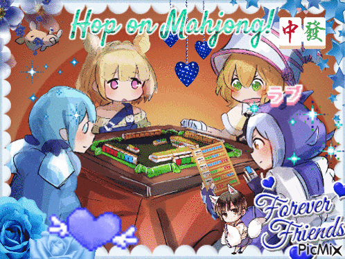 A Picture Of A Group Of Girls Playing Mahjong With The Caption Hop On Mahjong And Forever Friends GIF