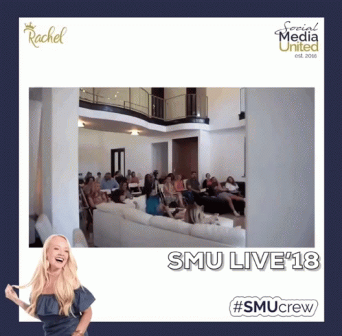 a picture of a group of people sitting on a couch with smu live 18 written on the bottom