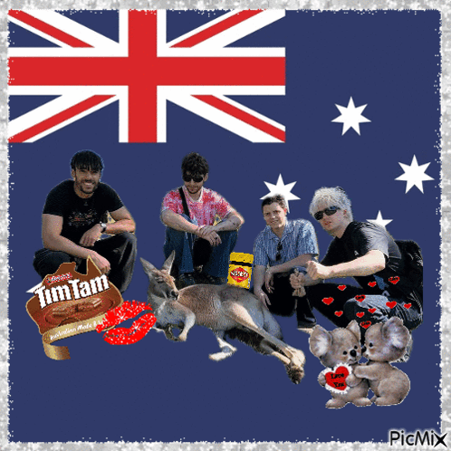 A Picture Of A Group Of People With A Kangaroo And A Sign That Says Tim Tam On It GIF