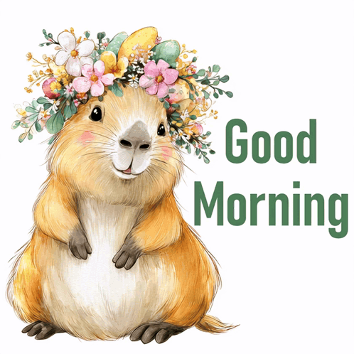 A Picture Of A Guinea Pig With Flowers On Its Head And The Words Good Morning GIF