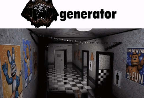 A Picture Of A Hallway With Posters On The Wall And The Word Generator On The Bottom GIF
