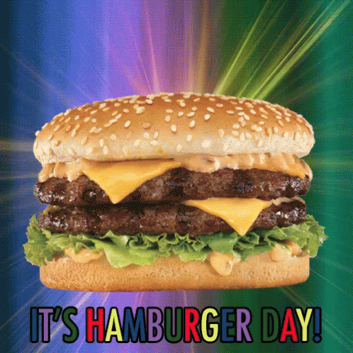 A Picture Of A Hamburger With The Words It 'S Hamburger Day GIF