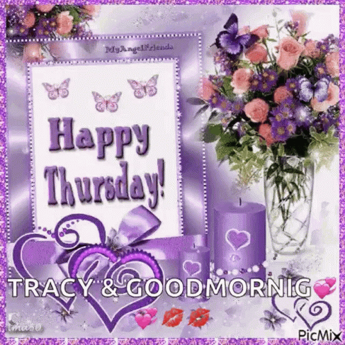 A Picture Of A Happy Thursday Greeting Card With Purple Flowers And Candles GIF