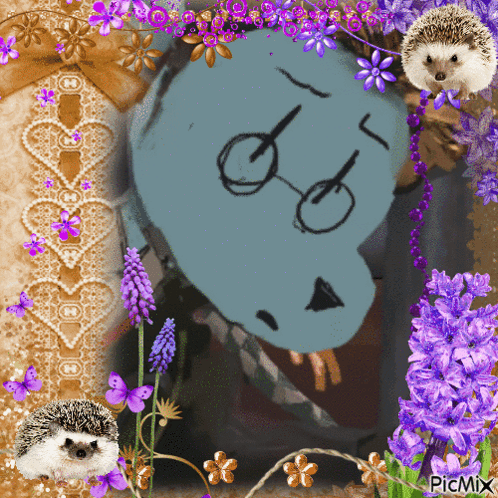A Picture Of A Hedgehog Surrounded By Purple Flowers And A Picture Of A Blue Bear With Glasses GIF