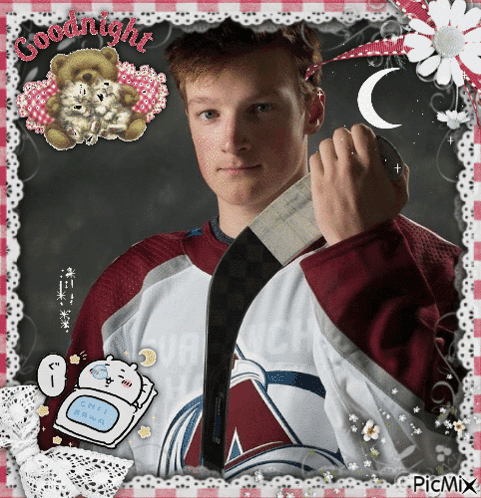 a picture of a hockey player with the words goodnight at the top
