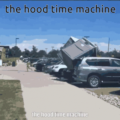 A Picture Of A Hood Time Machine With A Fridge In The Back Of A Suv GIF