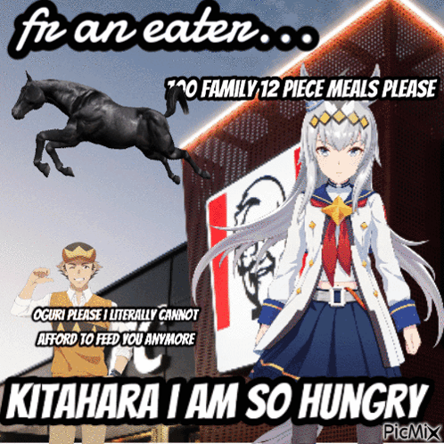 A Picture Of A Horse And A Girl With The Words " Kitahara I Am So Hungry " At The Bottom GIF