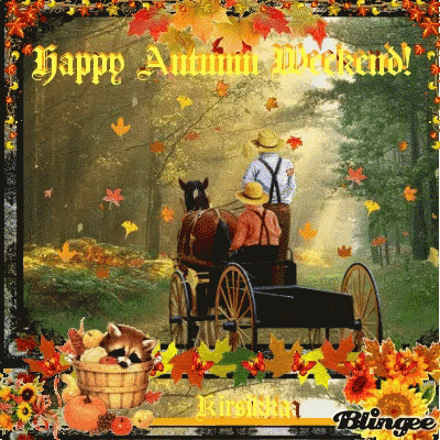 A Picture Of A Horse Drawn Carriage With The Words Happy Autumn Weekend On It GIF