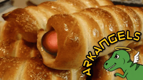 A Picture Of A Hot Dog In A Croissant With The Words " Arkangels " On It GIF