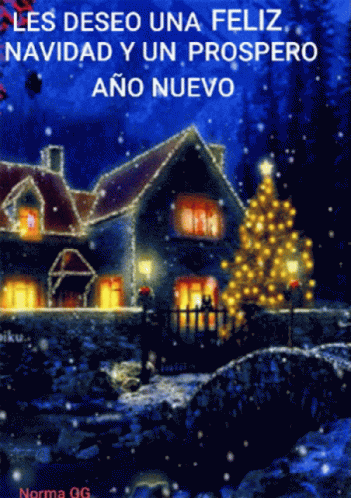 A Picture Of A House With A Christmas Tree And The Words Les Deseo Una Feliz Navidad Y Un Prospero Ano Nuevo Below It GIF