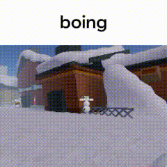 A Picture Of A House With Snow On The Roof And The Word Boing Below It GIF