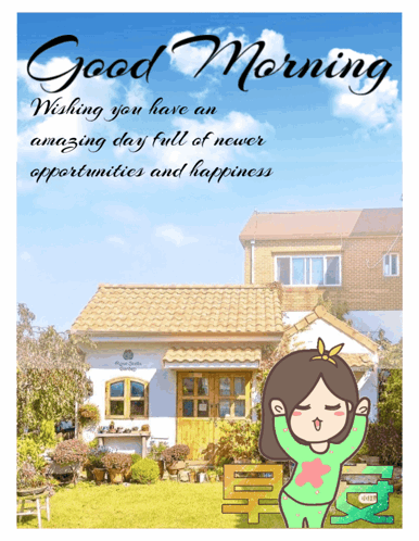 a picture of a house with the words " good morning wishing you have an amazing day full of newer opportunities and happi