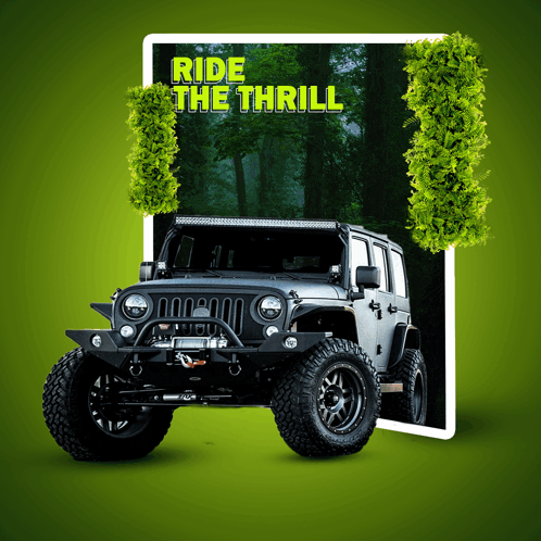 A Picture Of A Jeep With The Words Ride The Thrill Behind It GIF