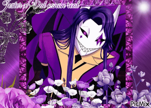 A Picture Of A Joker Surrounded By Purple Flowers With The Words Jester Is Not Censored Real GIF